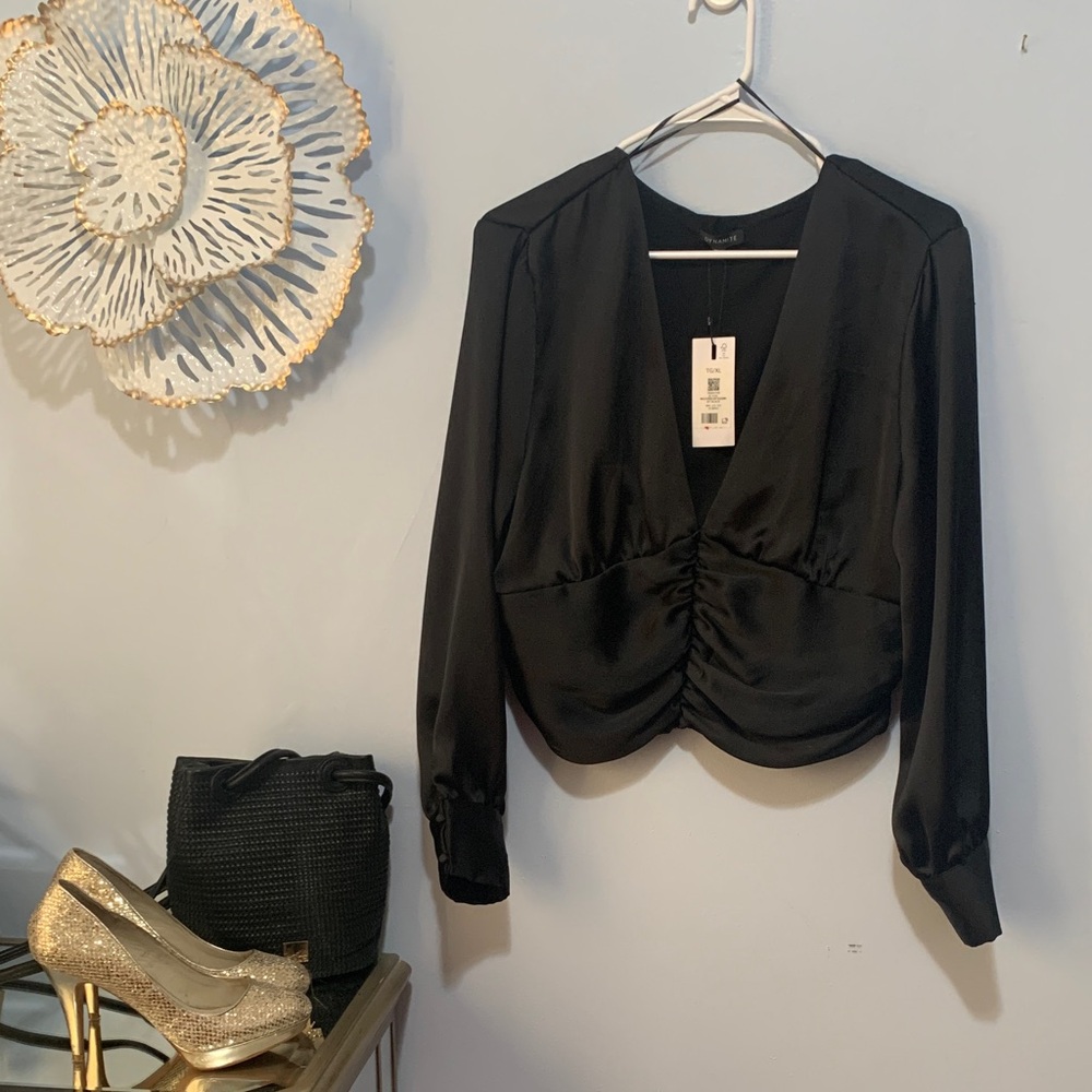 Dynamite Black Satin Ruched V-Neck Blouse